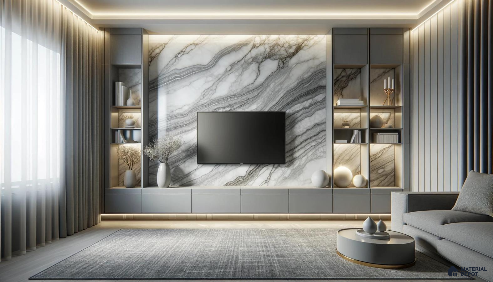 Stylish Monochrome Lounge with Marble Highlight and Textured Detailing | Material Depot