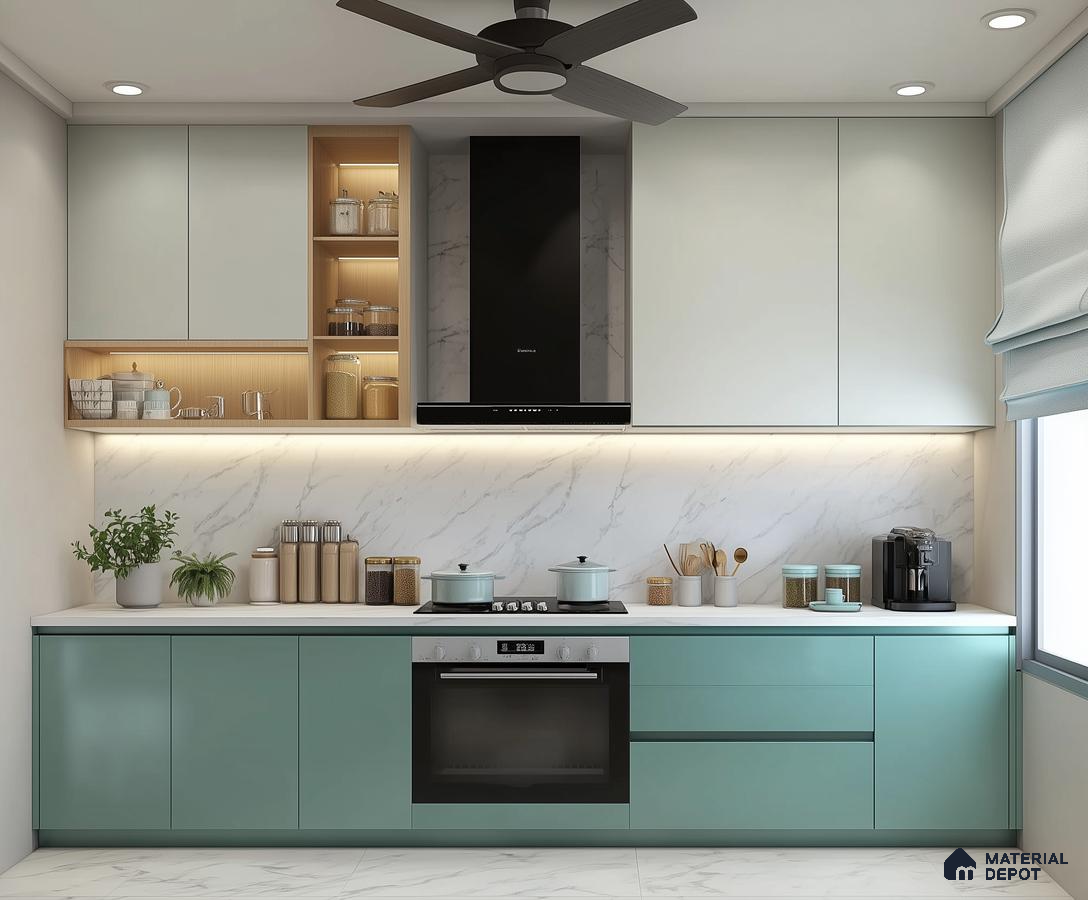Stylish Teal Kitchen with Marble Highlights and Natural Wood Accents | Material Depot