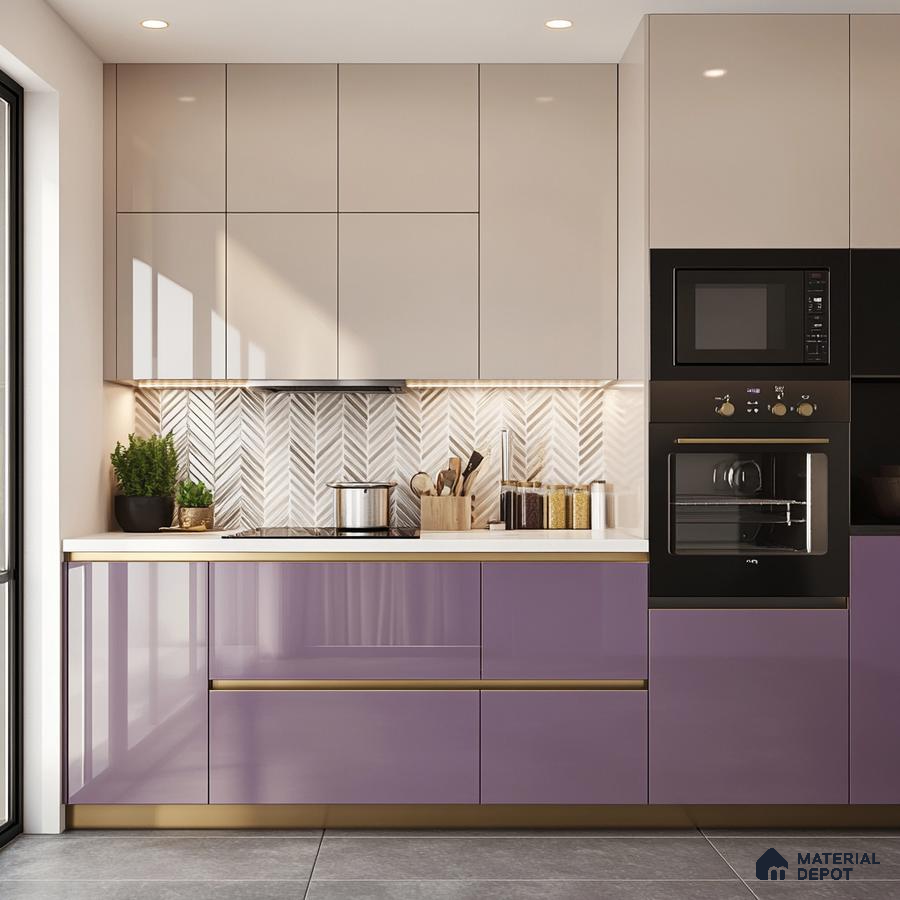 Stylish Two-Toned Kitchen with Herringbone Tile Backsplash and Gold Accents | Material Depot