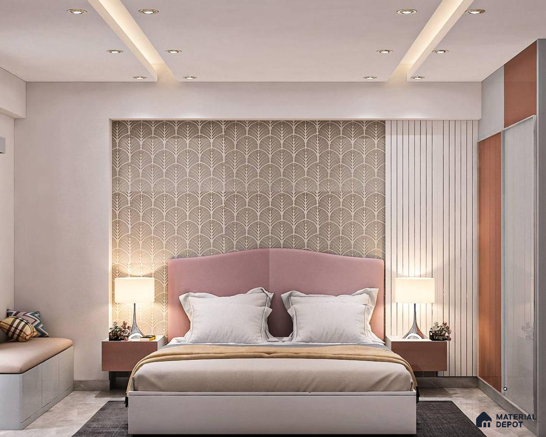 Stylish bedroom with a pink and white theme, a geometric wall, a wooden panel, a mirror, a shelf, and a seating area