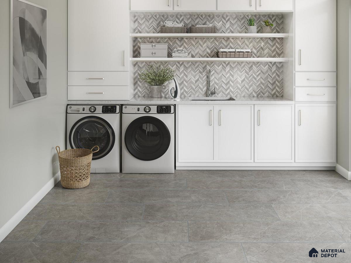 Laundry room with patterned tiles and marble floor