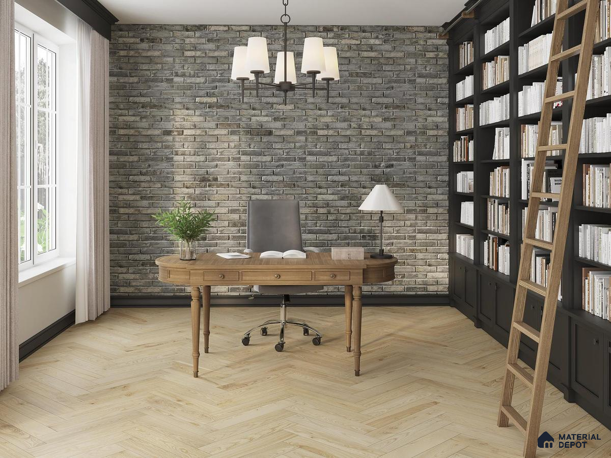 Study room with stone tiles and wooden floor