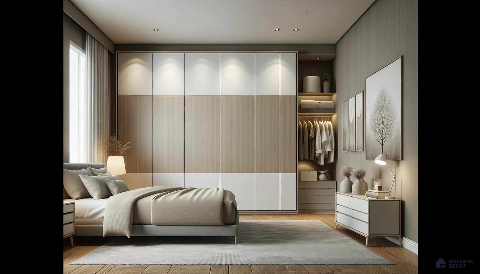 Subdued Chic Bedroom with Soft Tones and Streamlined Storage | Material Depot