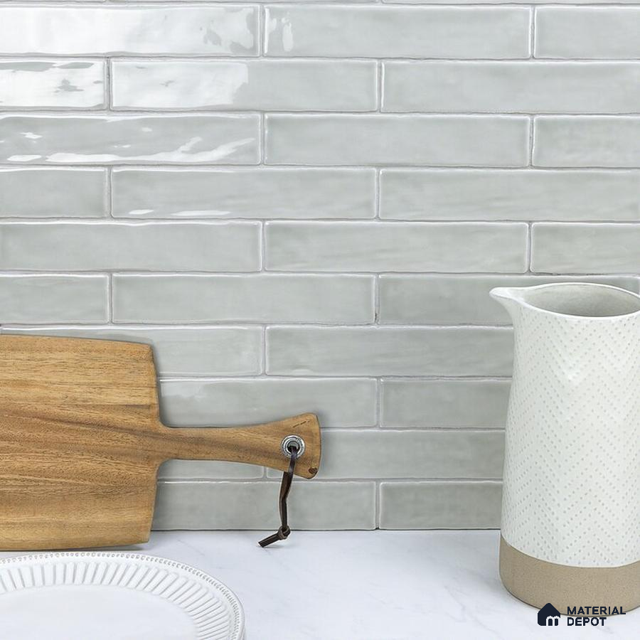 Subtle Harmony Uneven Light-Textured Tiles with Ivory Countertop | Material Depot