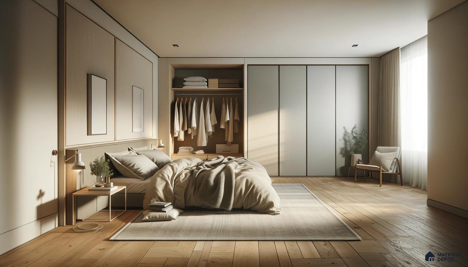 Sun-Kissed Minimalist Bedroom with Natural Textures of Well Brushed Laminates | Material Depot