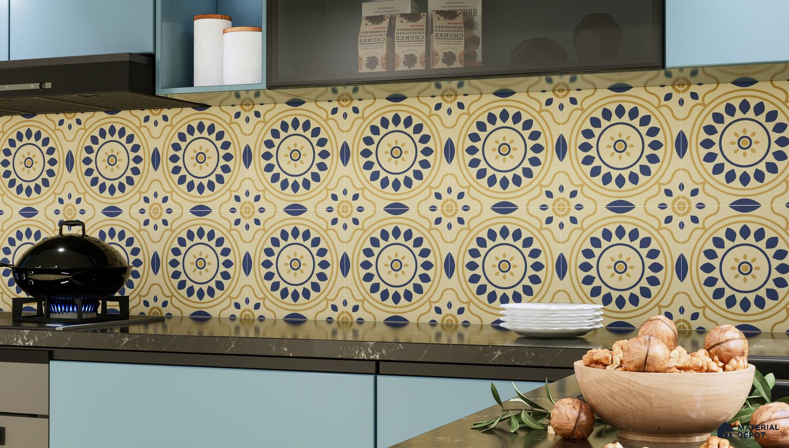 Sunny Mediterranean-Inspired Kitchen Backsplash with Floral Circle Motif Tiles | Material Depot