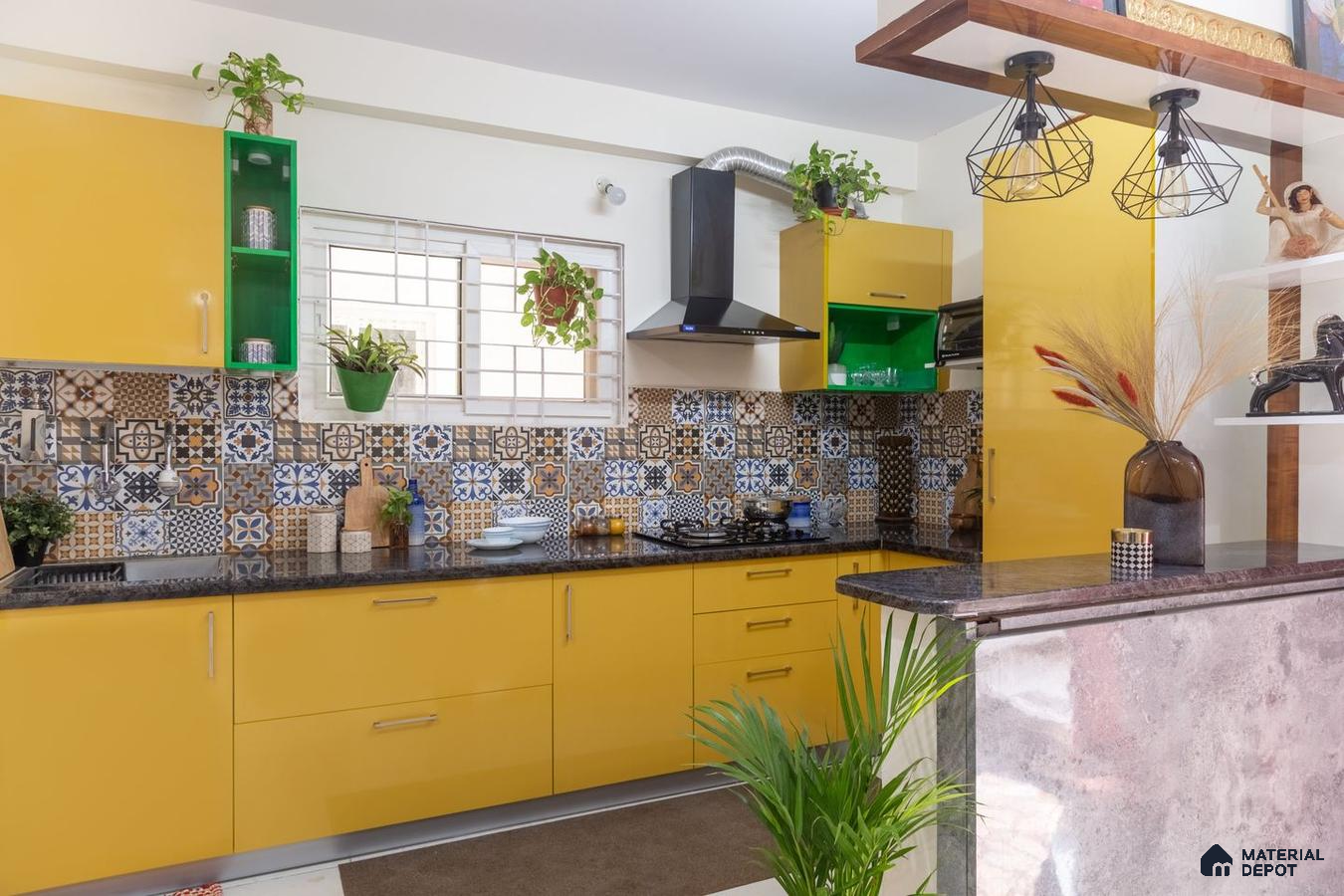 Modern 2 BHK apartment kitchen in Hyderabad with yellow theme and indoor plants, radiating a sunny and serene ambiance.