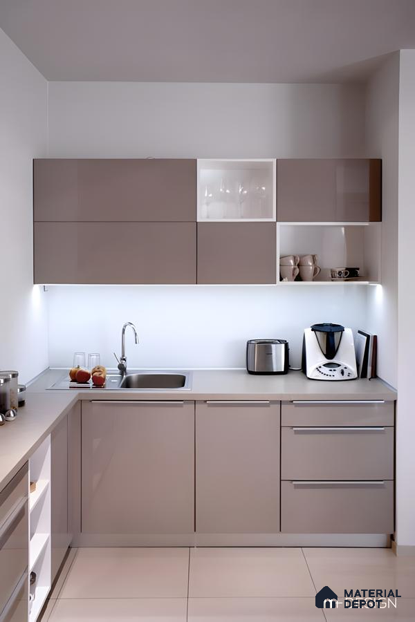 Taupe Gloss Finish Modular Kitchen With Open Shelves And White Accents | Material Depot