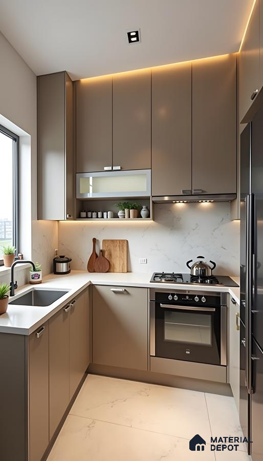 Taupe Tones & Marble Backsplash: Cozy Modern Kitchen | Material Depot
