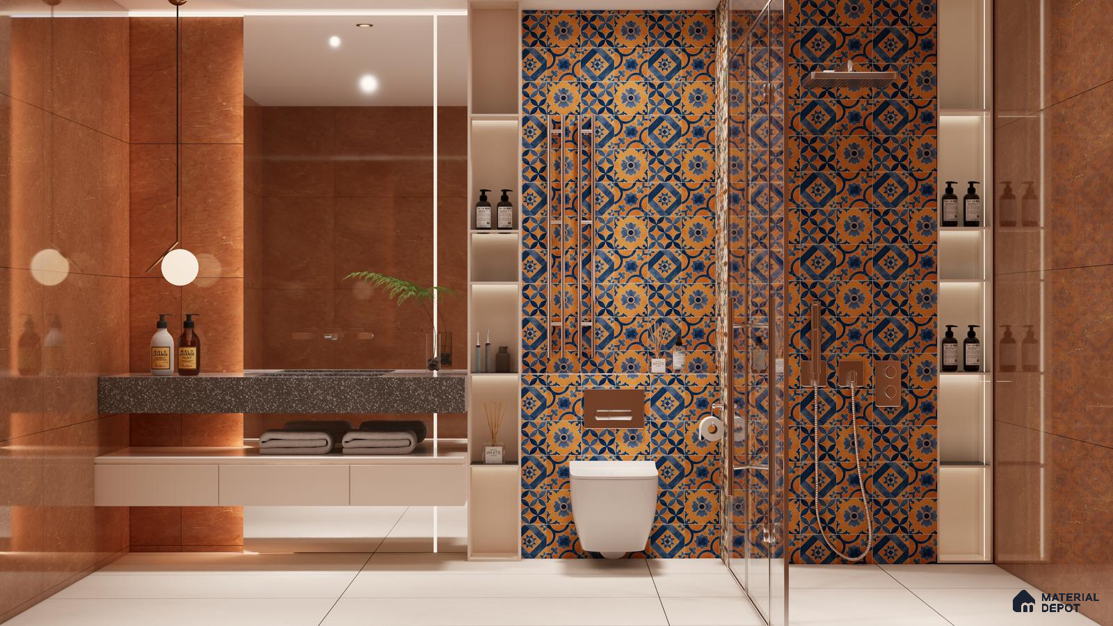 Terracotta & Blue Moroccan Tile Accent in Modern Bathroom | Material Depot