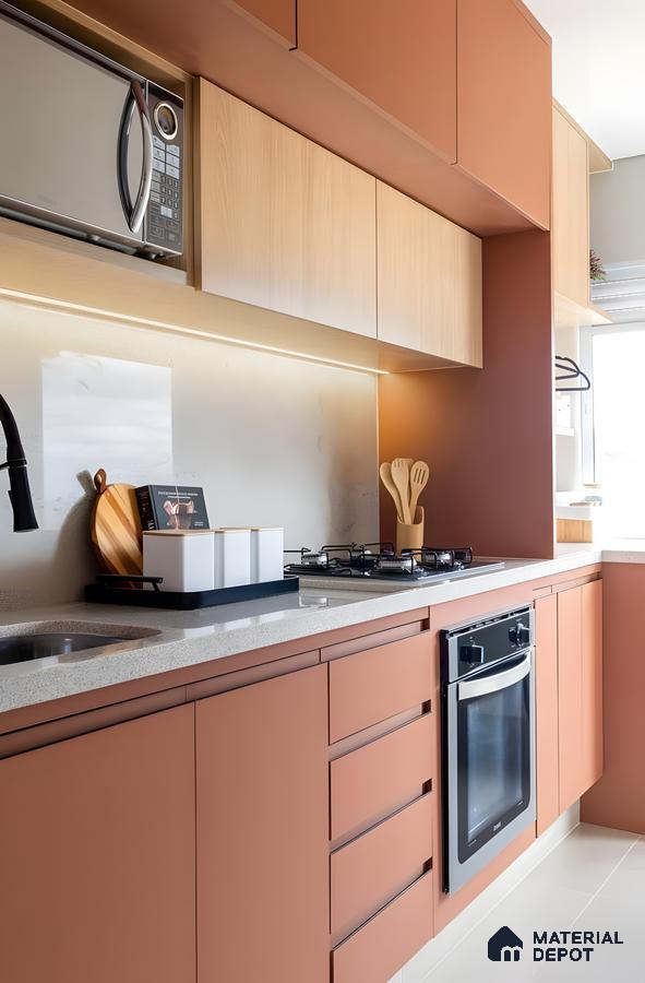 Terracotta And Wood-Toned Compact Kitchen With Granite Countertop | Material Depot