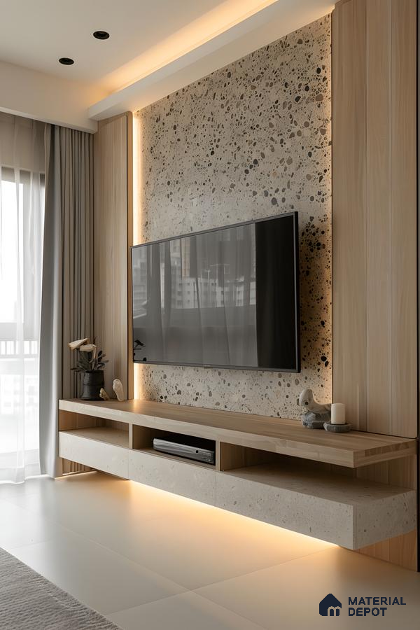 Terrazzo Stone Tv Wall With Light Wood Framing And Warm Undercabinet Lighting | Material Depot