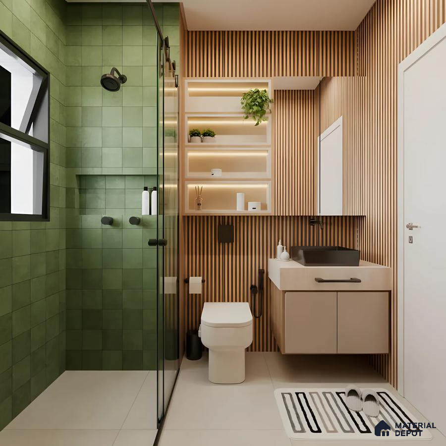 Textured Green Tile Shower with Wood Accent Wall Purva Blubelle Magadi Road | Material Depot