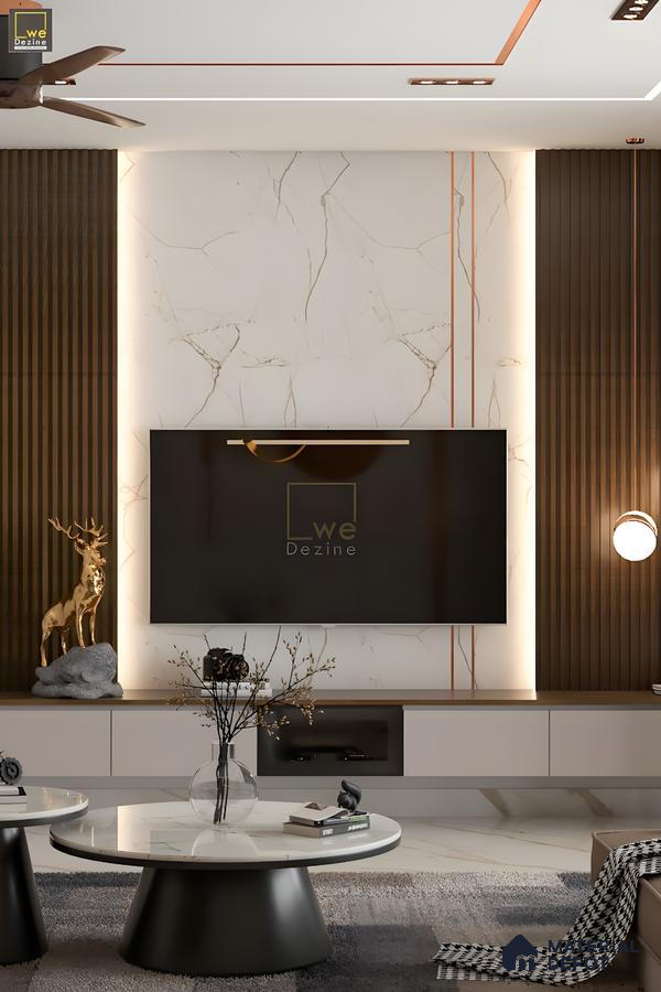 Timeless Harmony: A Modern Luxe Tv Wall With Statuario Marble, Fluted Wood Panels & Ambient Lighting | Material Depot