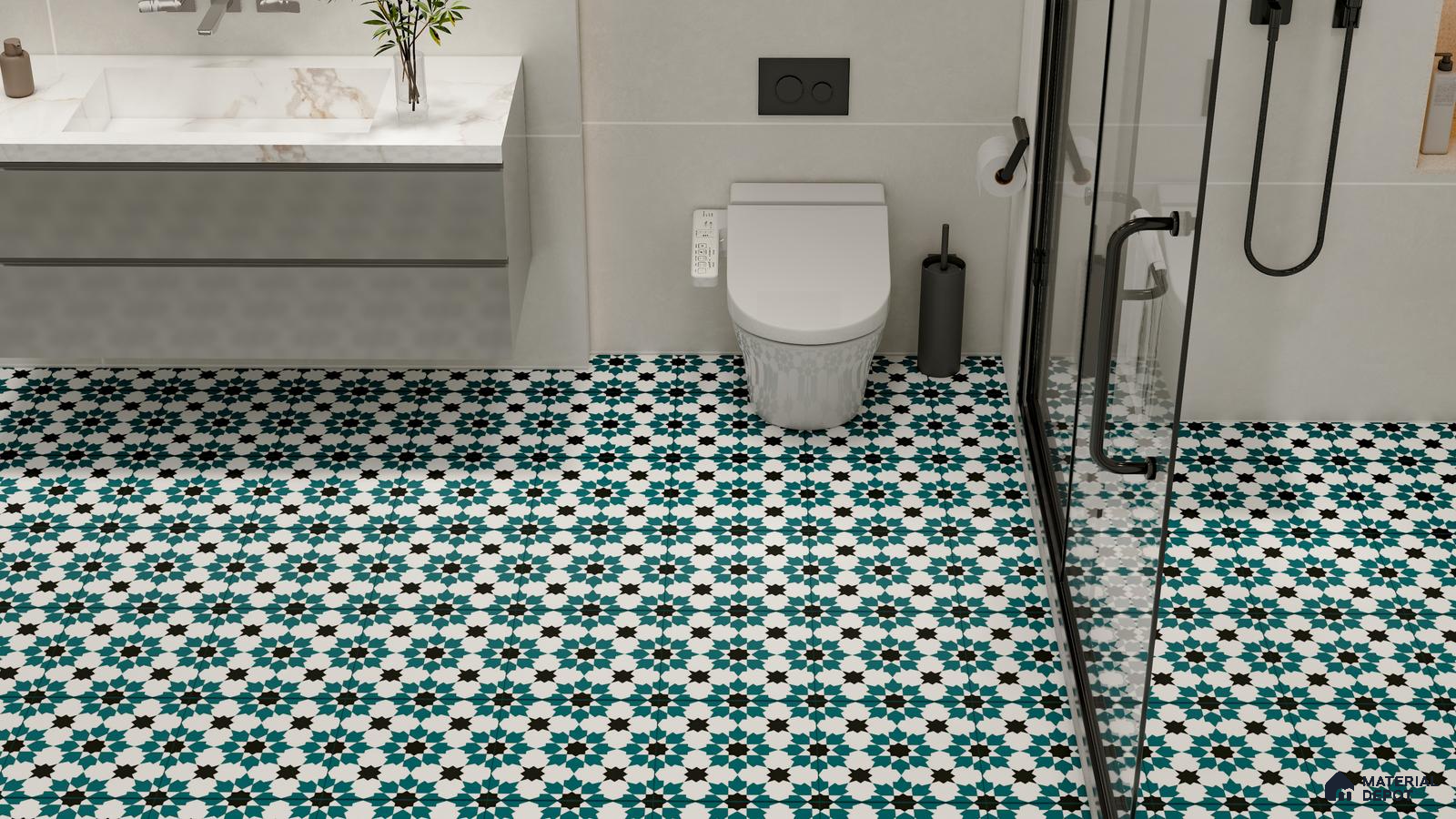 Timeless Moroccan Elegance with Teal and Black Patterned Floor Tiles | Material Depot