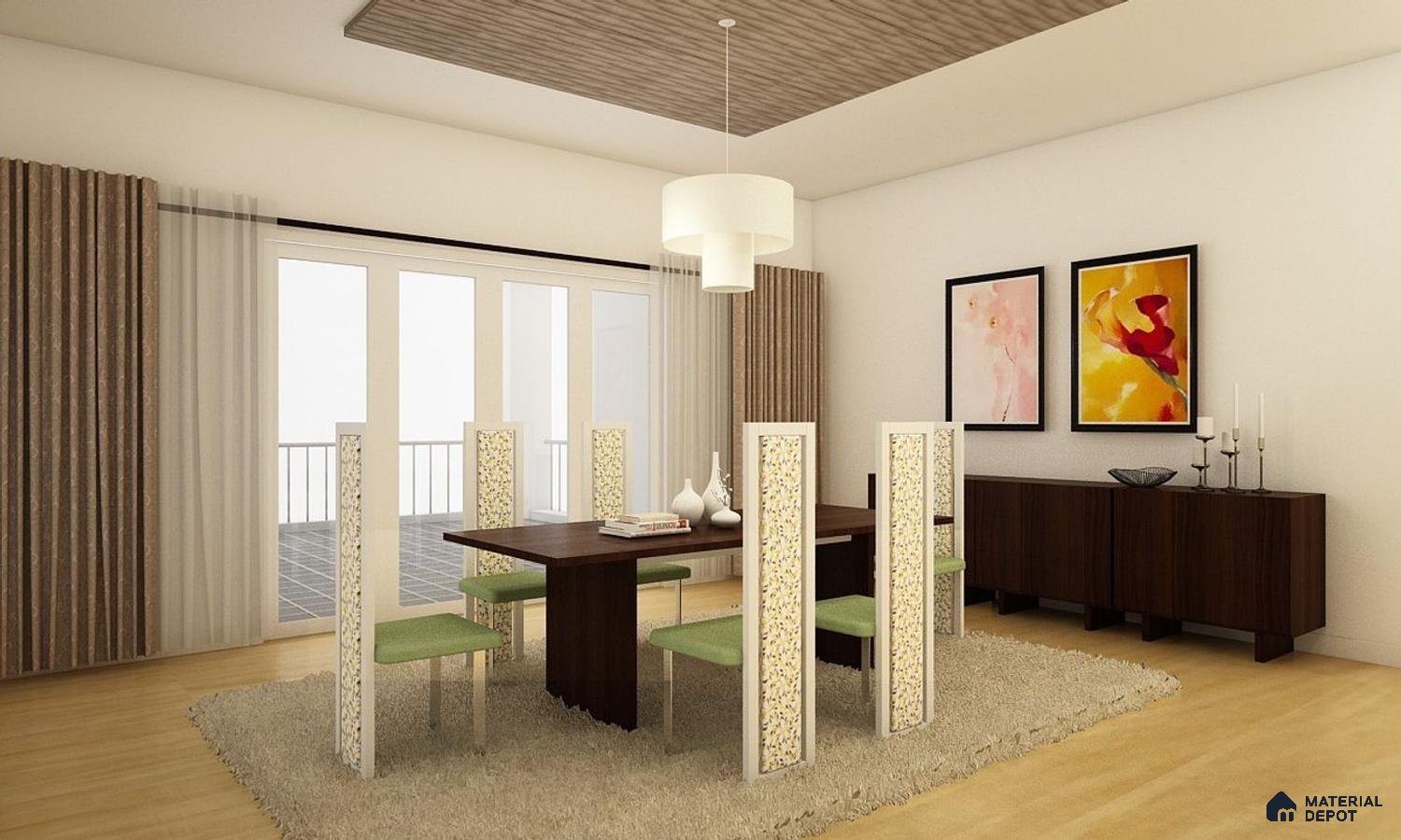 Charming Wooden Dining Set with Green Accent Chairs