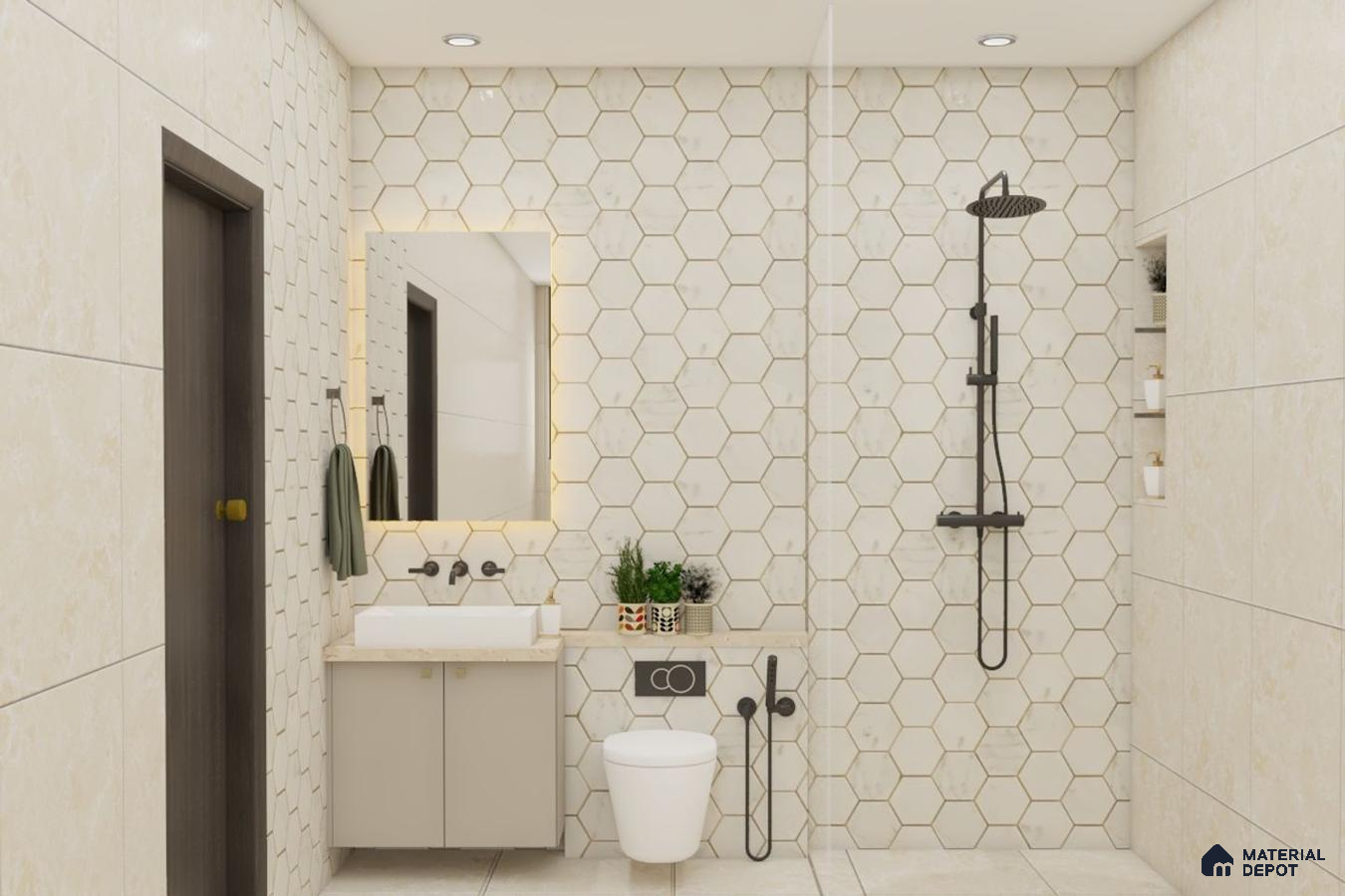 Modern bathroom with cream marble countertop.
