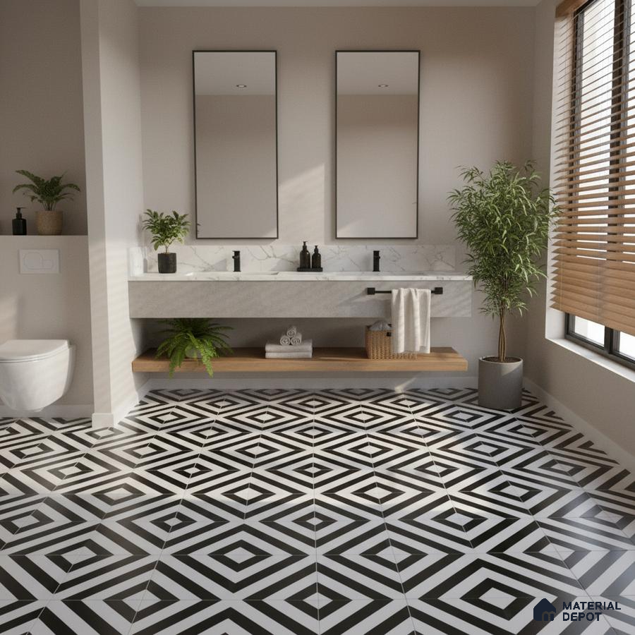 Modern bathroom with geometric black-and-white floor tiles and marble countertop