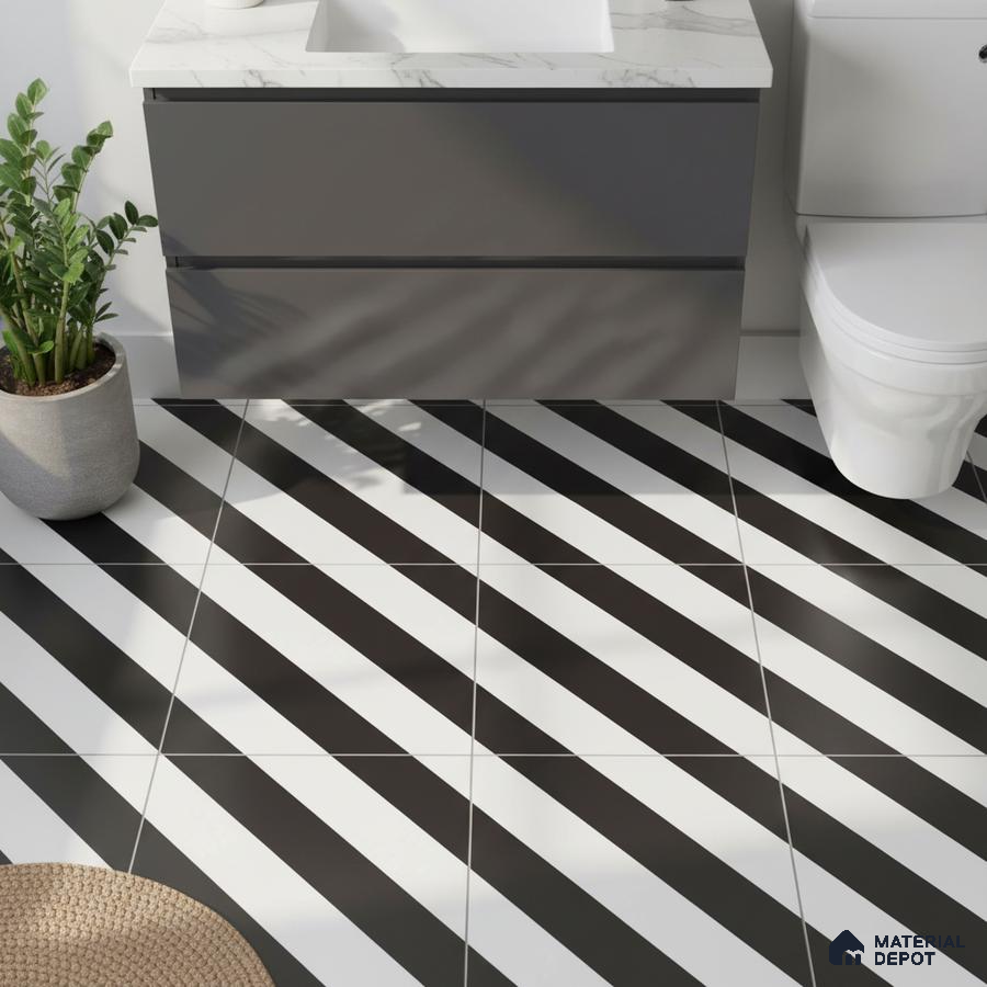 Modern bathroom with black-and-white diagonal striped floor tiles and grey matte vanity