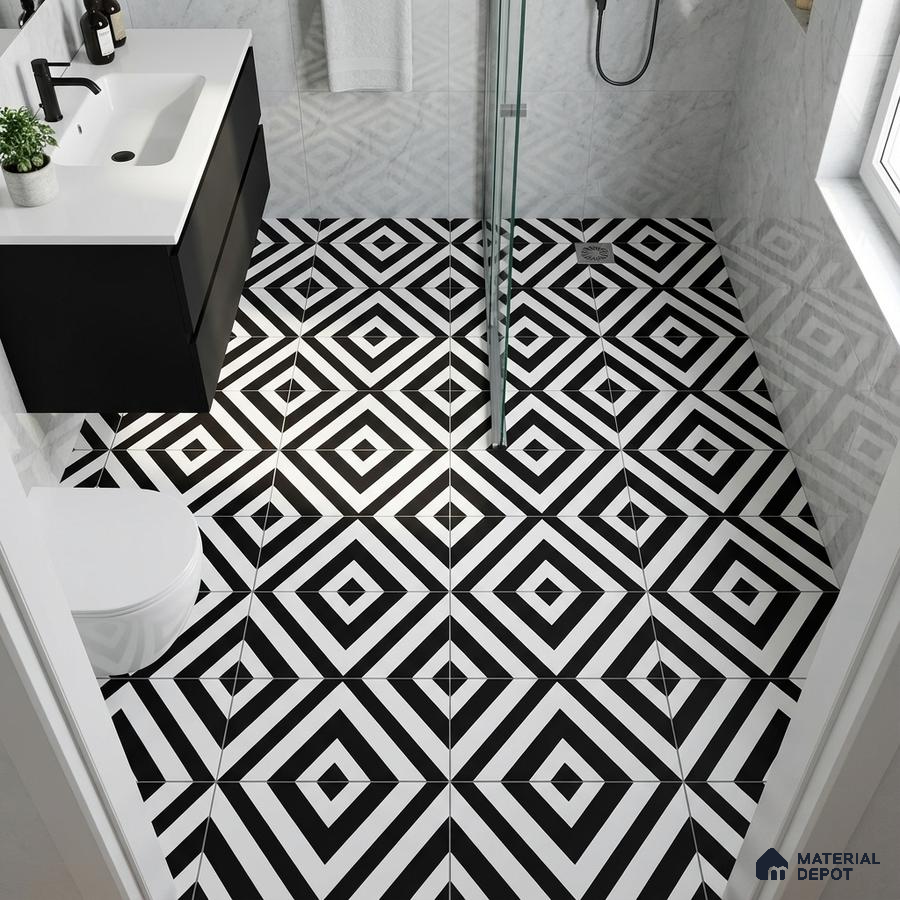 Modern bathroom with black-and-white geometric patterned floor tiles and matte black vanity