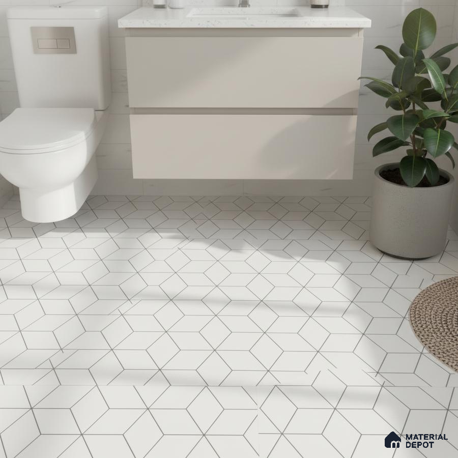 Minimalist bathroom with geometric white floor tiles and floating vanity