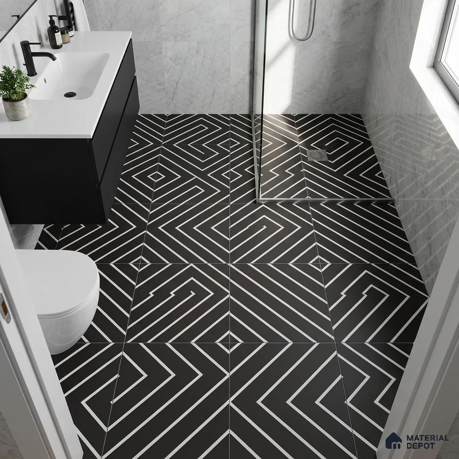 Modern bathroom with geometric black-and-white floor tiles and marble wall tiles