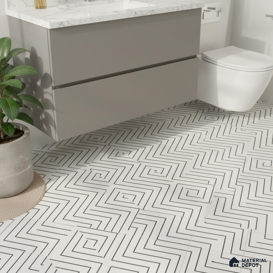 Modern bathroom with geometric black-and-white floor tiles and marble countertop vanity