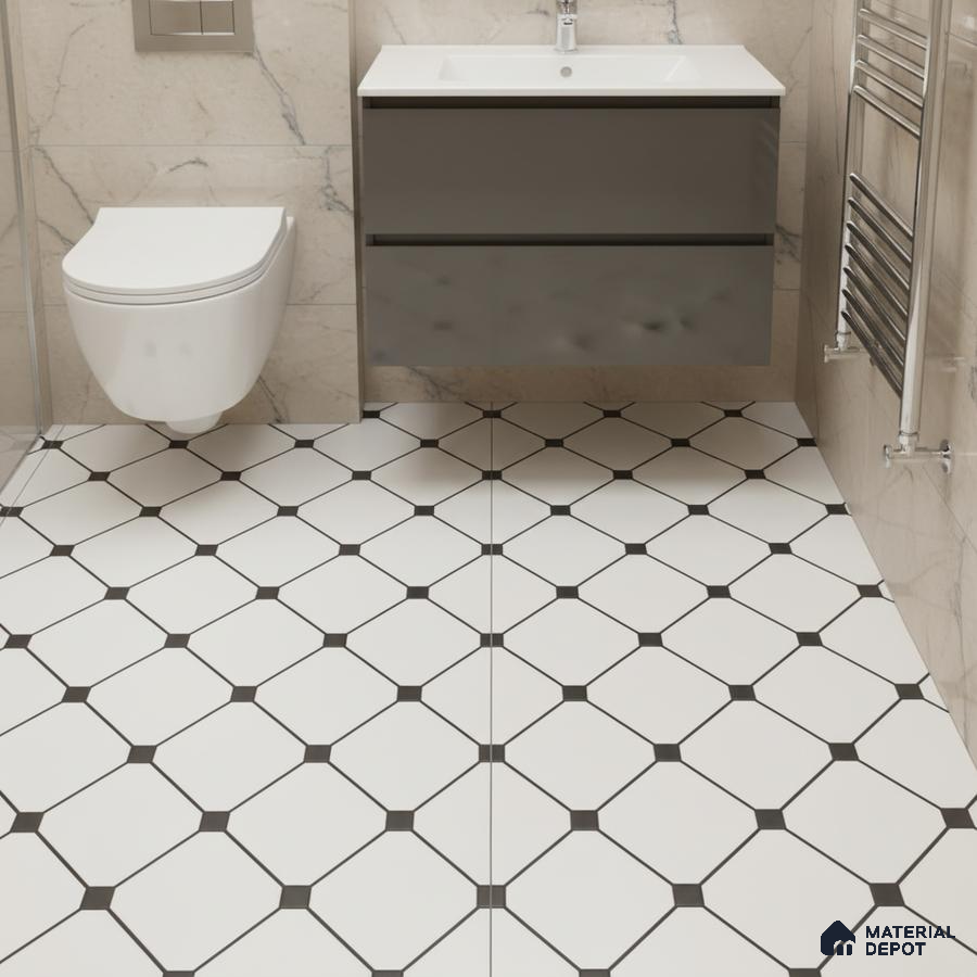 Modern bathroom with marble wall tiles and black-and-white geometric floor tiles