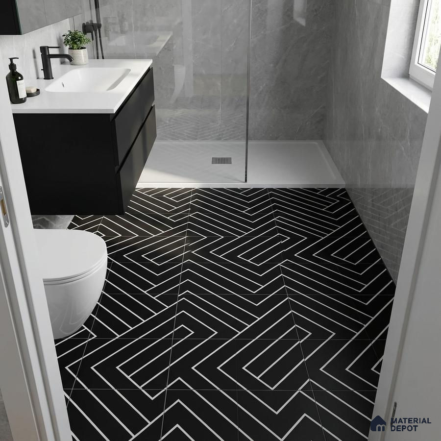 Modern bathroom with black geometric floor tiles and grey marble wall tiles