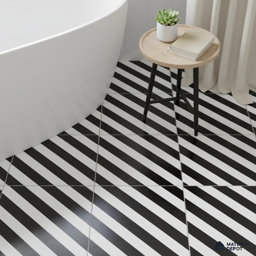 Modern bathroom with black-and-white diagonal striped geometric floor tiles