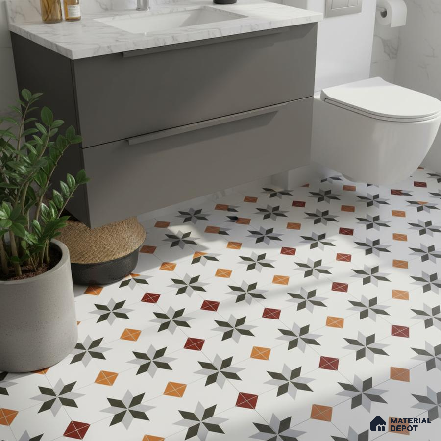 Modern bathroom with grey vanity, white marble countertop, and multicolor geometric patterned floor tiles