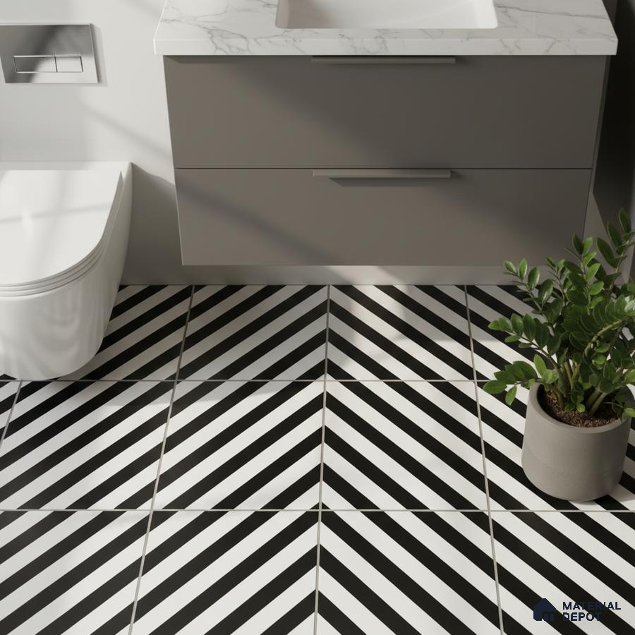 Modern bathroom with black-and-white chevron floor tiles and marble-look countertop