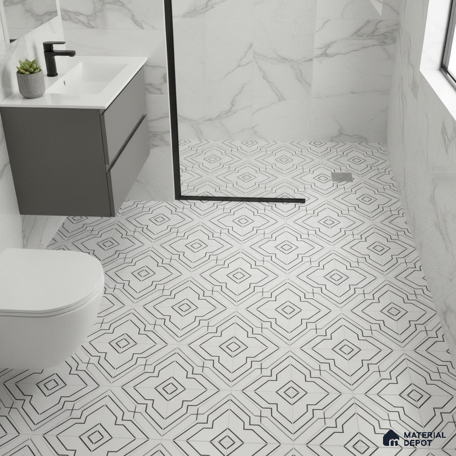 Modern bathroom with marble wall tiles and geometric patterned black-and-white floor tiles