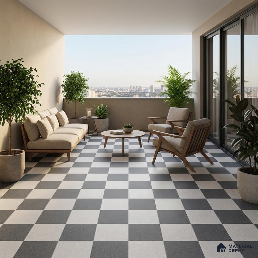 Modern balcony with black-and-white checkerboard floor tiles and wooden outdoor furniture