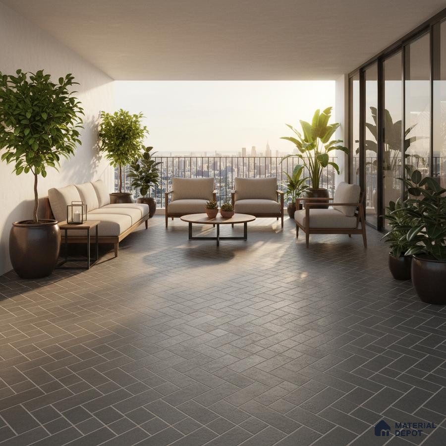Modern balcony with grey herringbone floor tiles and wooden outdoor furniture
