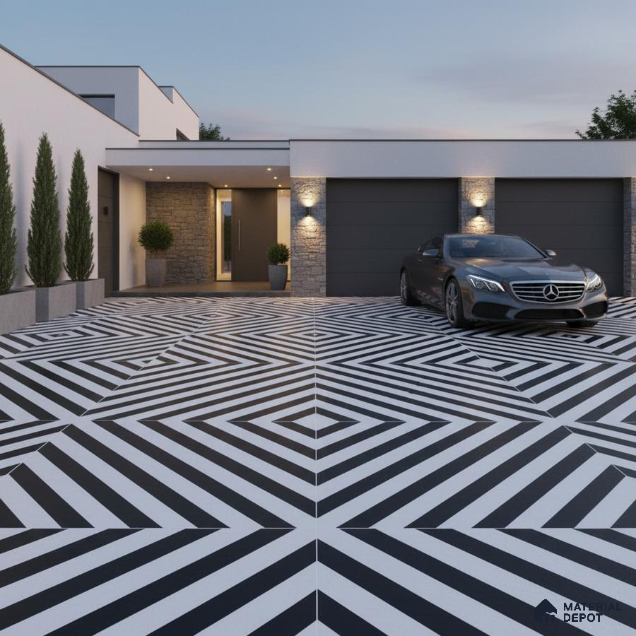 Modern parking with black-and-white geometric patterned floor tiles and stone cladding accent wall