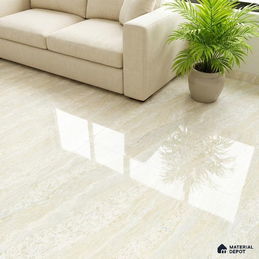 Modern living room with beige marble-look glossy floor tiles and neutral sofa