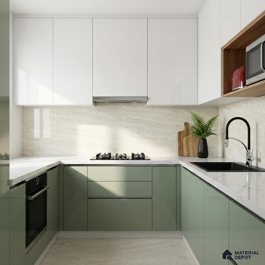 Modern dual tone kitchen with sage green and frosty white laminate, marble-look backsplash, and white quartz countertop