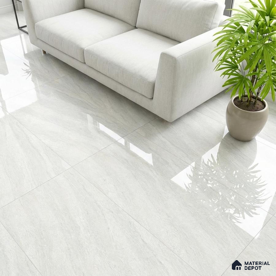 Minimalist living room with glossy light grey marble-look floor tiles and off-white fabric sofa