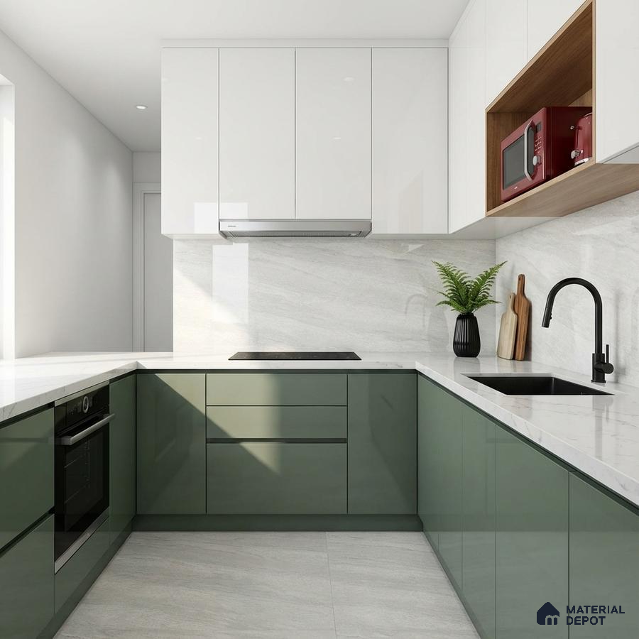 Modern dual tone kitchen with olive green and frosty white high gloss laminate, white marble-look quartz countertop