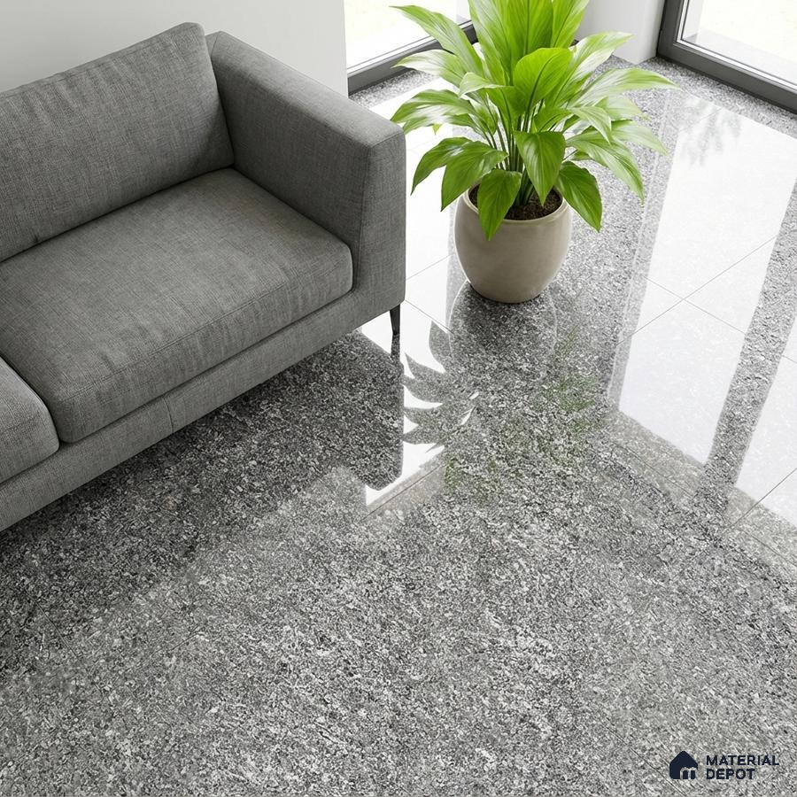 Modern living room with grey granite polished floor tiles and grey fabric sofa