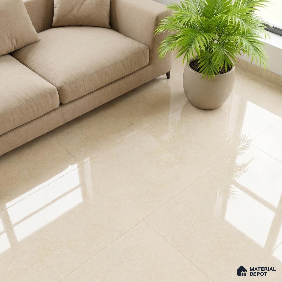Minimalist living room with beige marble-look glossy floor tiles and neutral fabric sofa