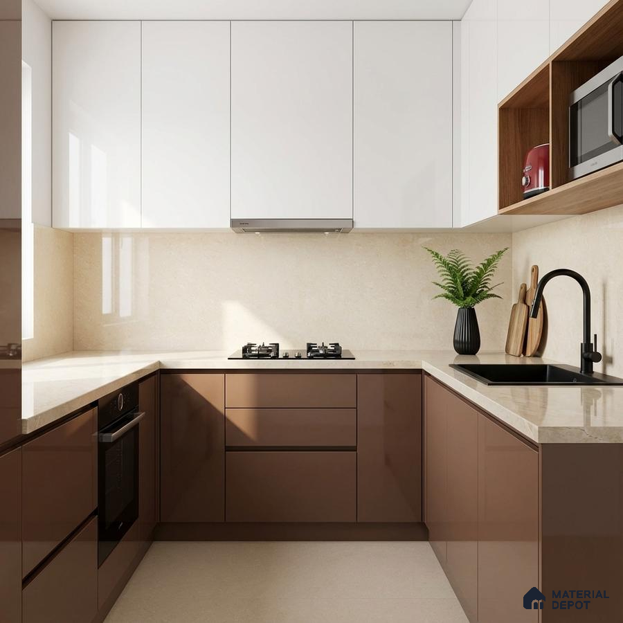 Modern dual tone kitchen with glossy brown and frosty white laminate, beige quartz countertop, and beige backsplash
