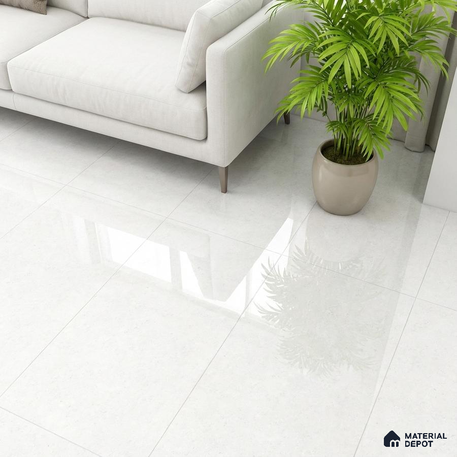 Minimalist living room with glossy white floor tiles and light beige fabric sofa