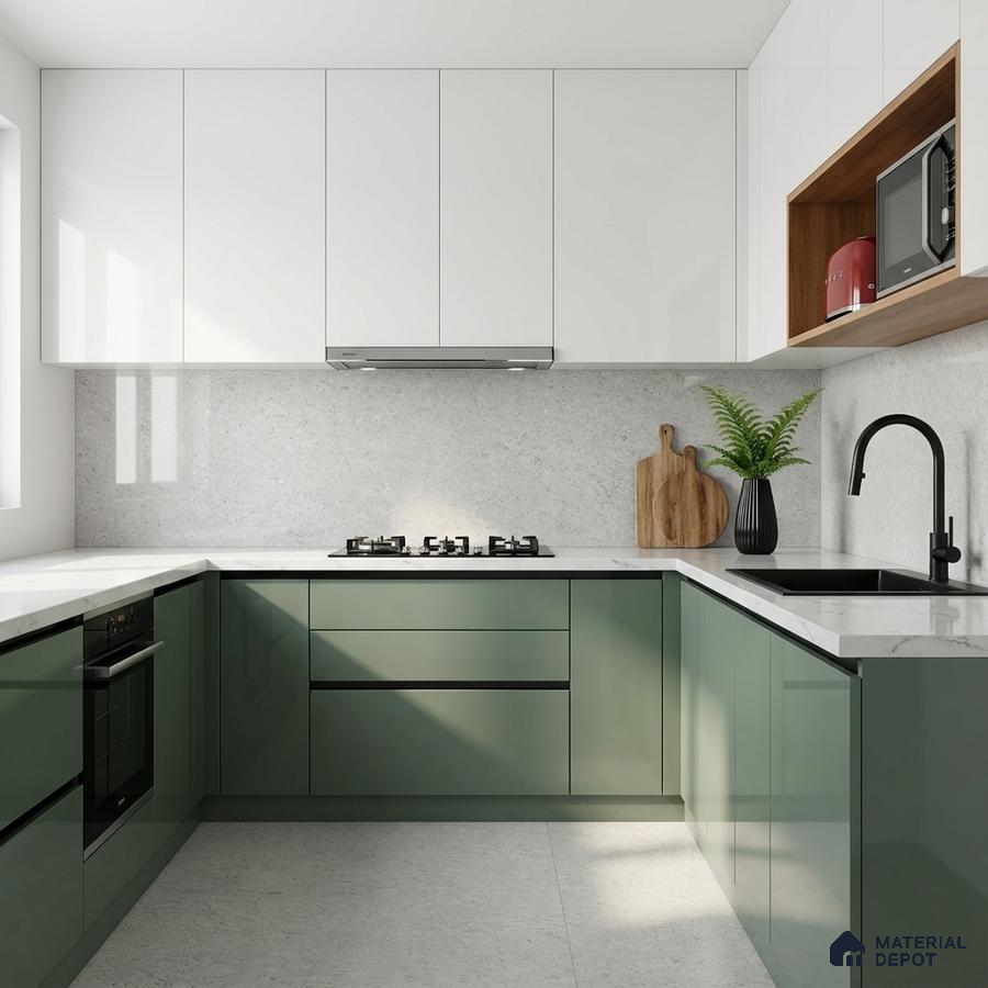 Modern dual tone kitchen with olive green laminate, frosty white laminate, and white quartz countertop