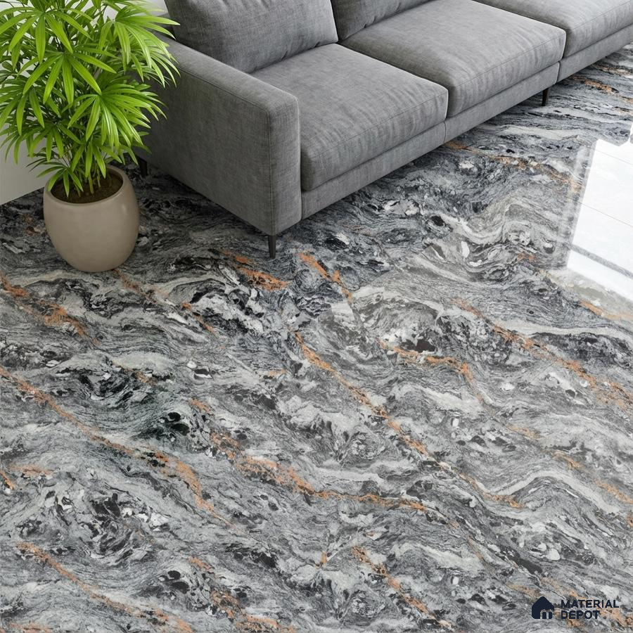 Modern living room with grey marble-look floor tile and grey fabric sofa