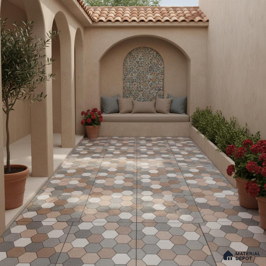 Mediterranean outdoor patio with hexagonal terracotta and grey floor tiles and patterned mosaic wall tile
