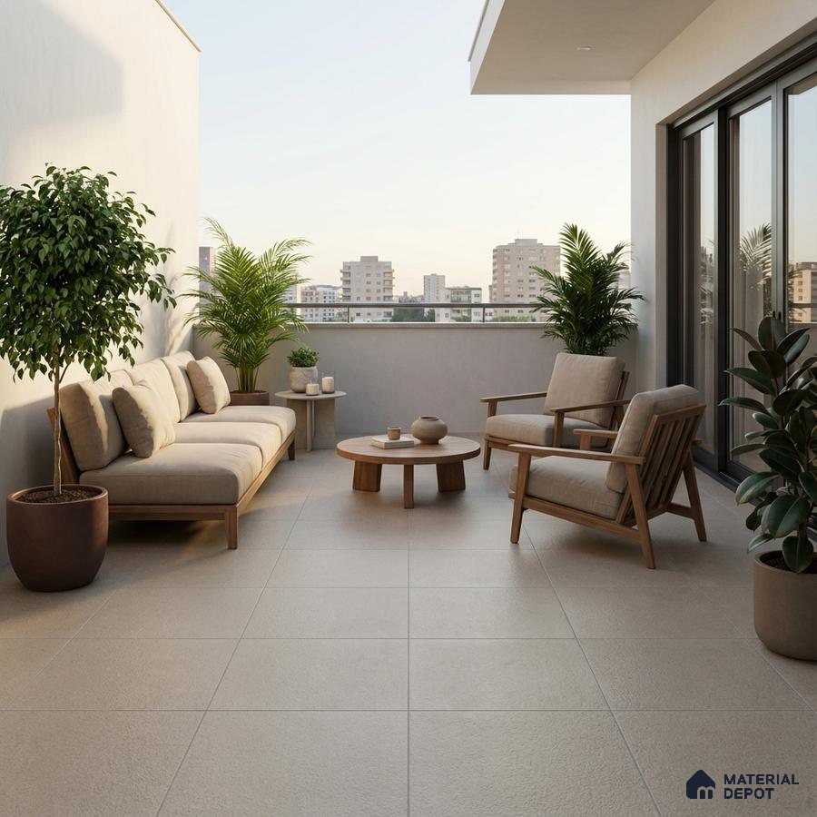 Scandinavian balcony with beige textured floor tiles and natural wood outdoor furniture