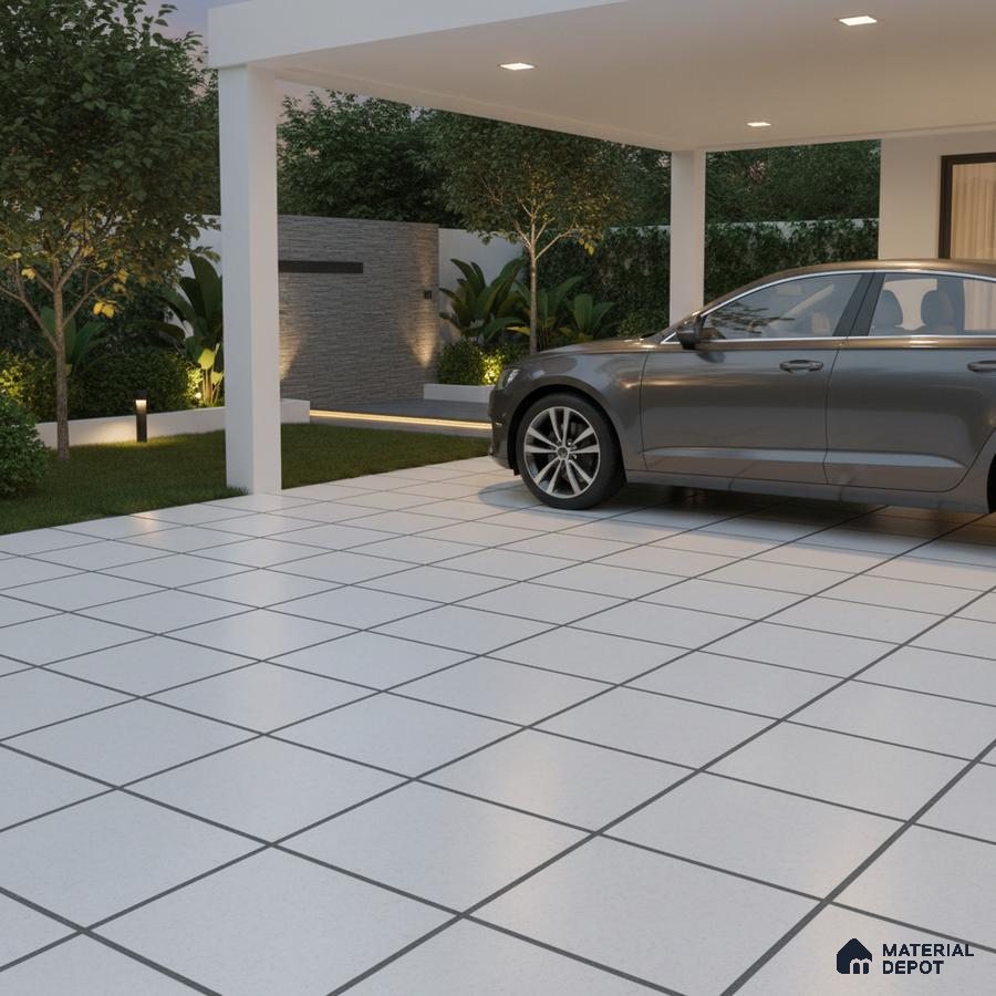 Modern parking with white grid floor tiles and stone cladding accent wall
