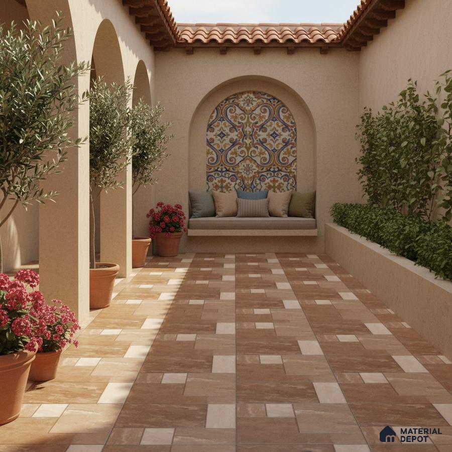Mediterranean outdoor patio with terracotta floor tiles and colorful patterned tile accent wall